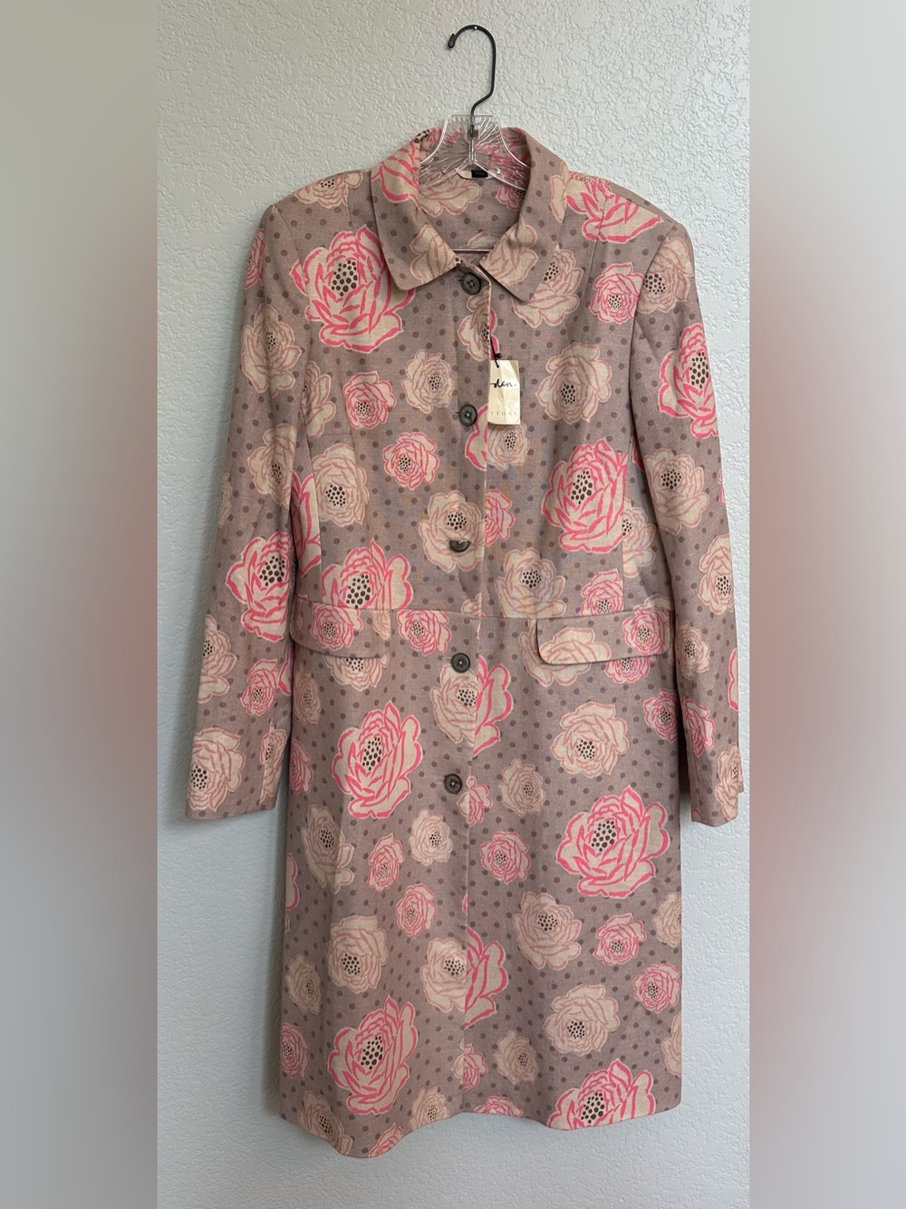 Boden Womens Size 16 Floral Linen Cotton Long Coat Jacket Pink Gray NWT